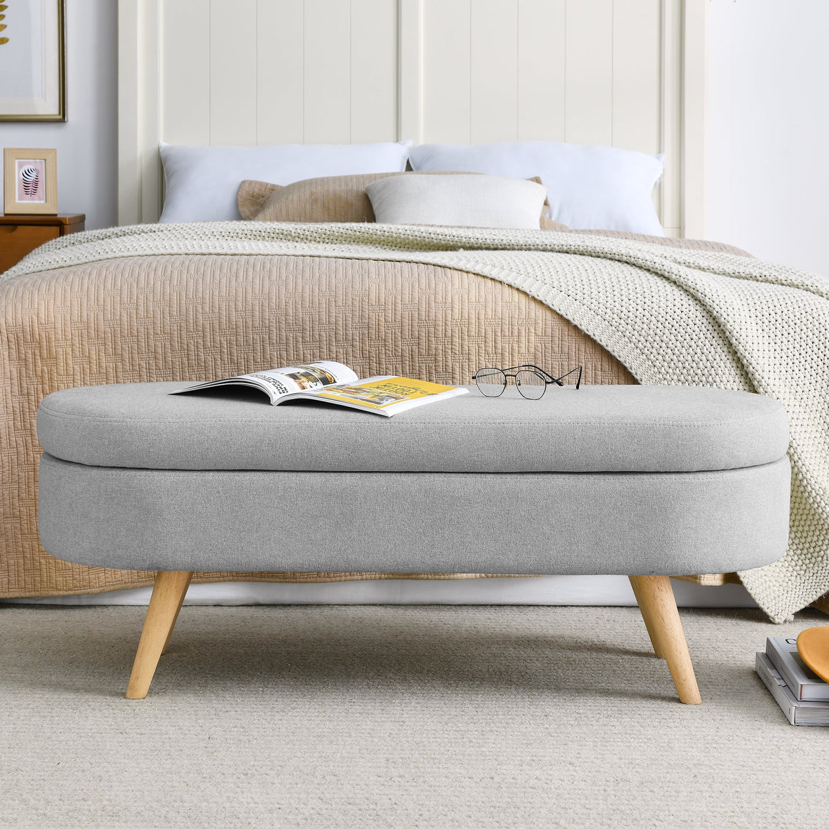 Ottoman Oval Storage Bench Rubber Wood Legs Grey