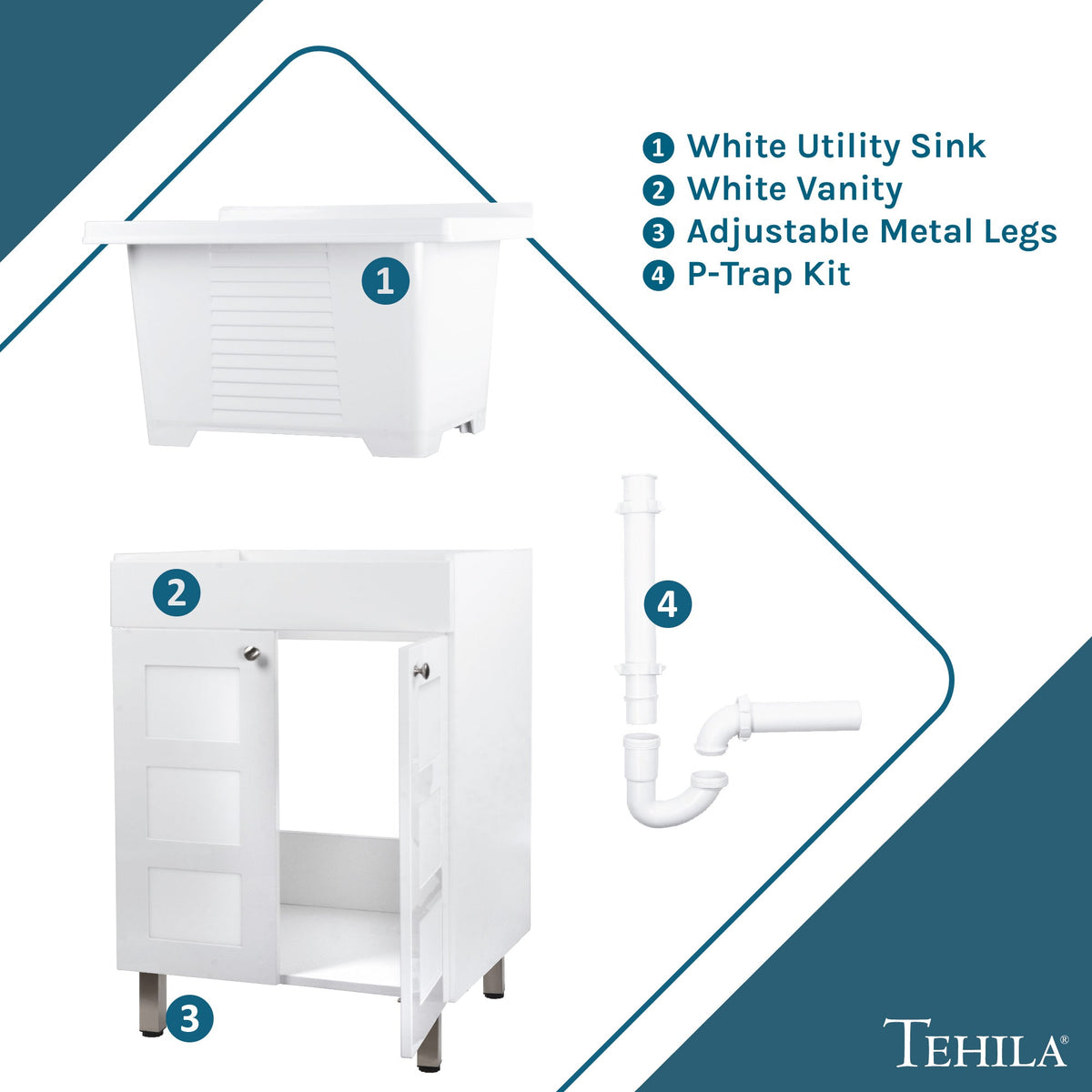 Tehila White Vanity Cabinet and White Utility Sink