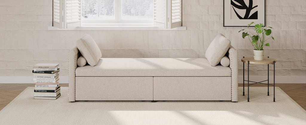 Modern cushioned lounge chair sofa bed with 2 drawers
