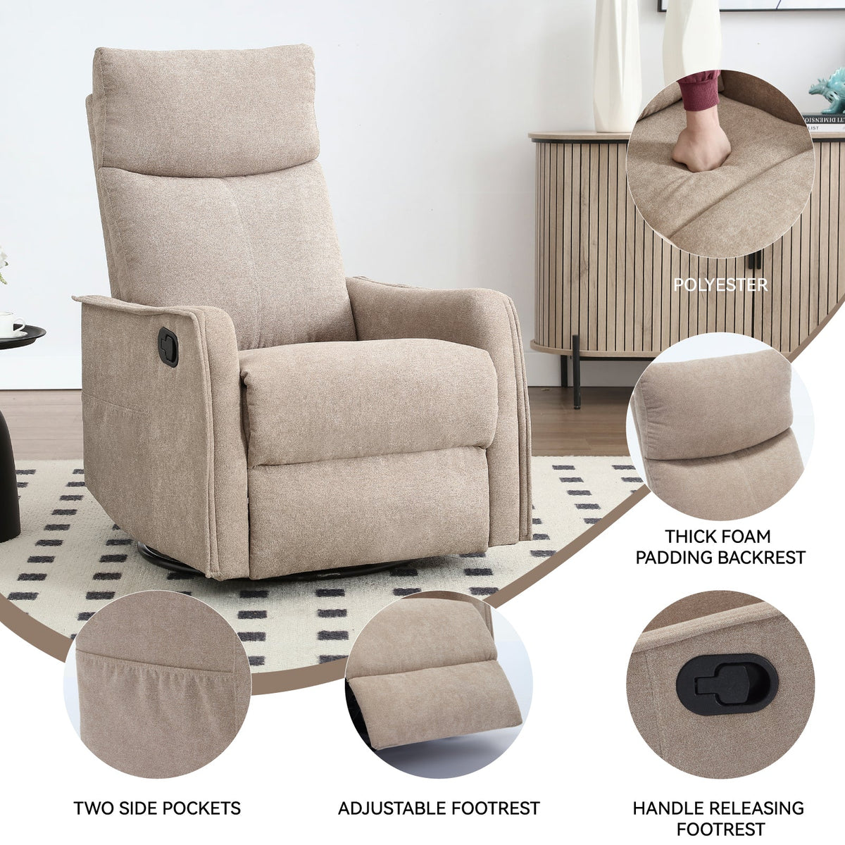 Heat Massage Manual Recliner Chair with Rocker and Swivel in Fabric for Living Room
