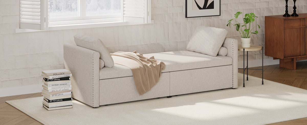 Modern cushioned lounge chair sofa bed with 2 drawers