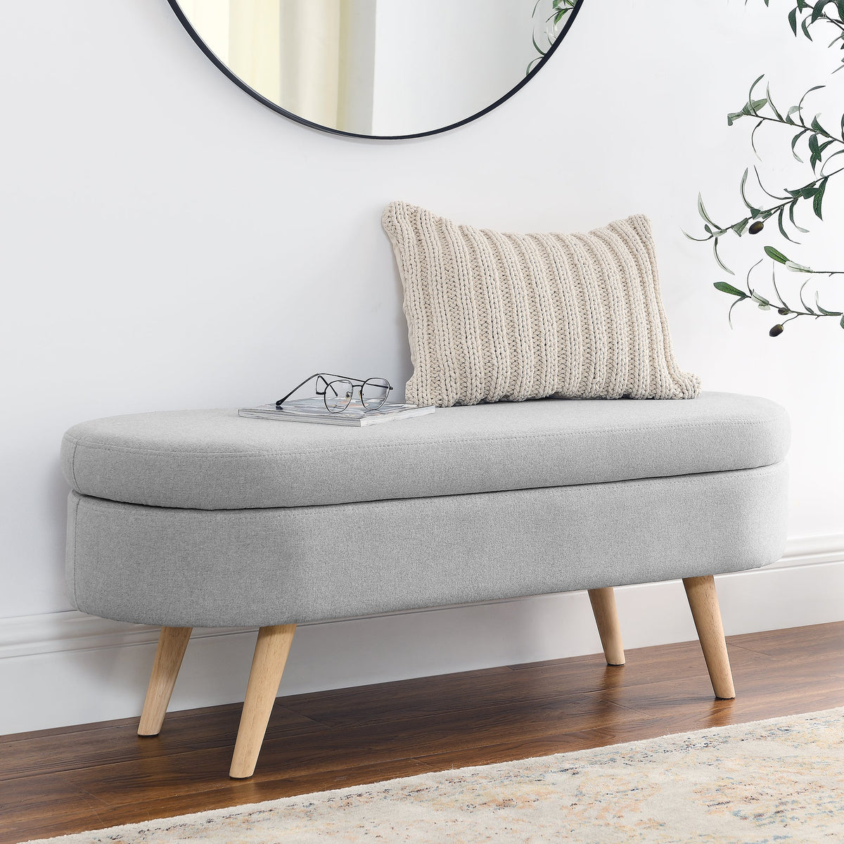 Ottoman Oval Storage Bench Rubber Wood Legs Grey