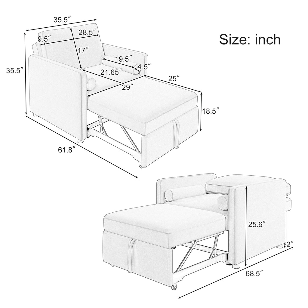 3 in 1 Convertible Sleeper Chair  Lounger Chair Turns Into Bed