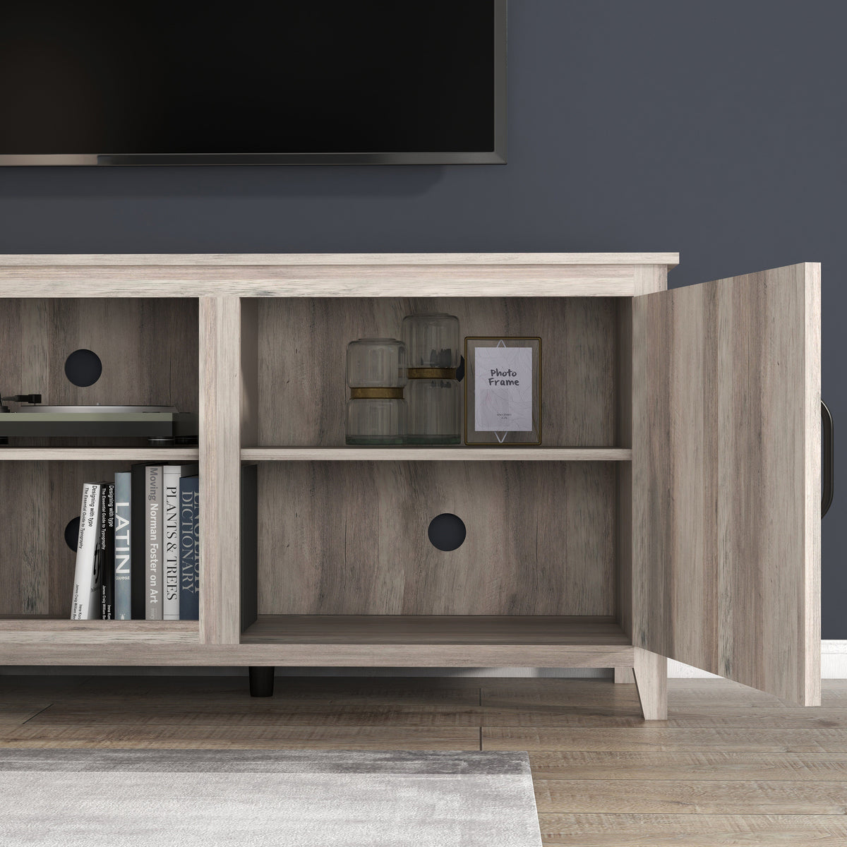 TV Stand Storage Media Console Entertainment Center Grey Walnut