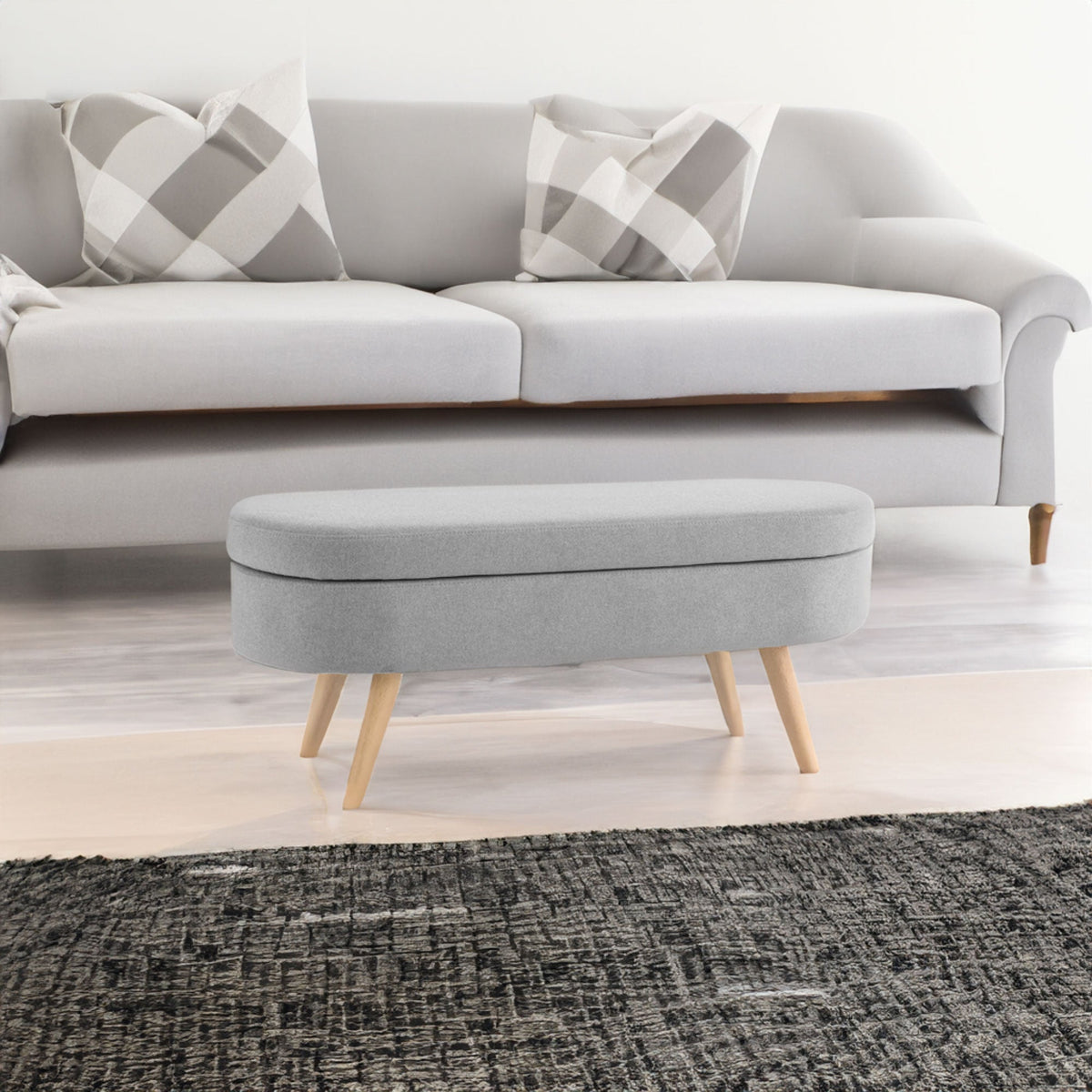 Ottoman Oval Storage Bench Rubber Wood Legs Grey