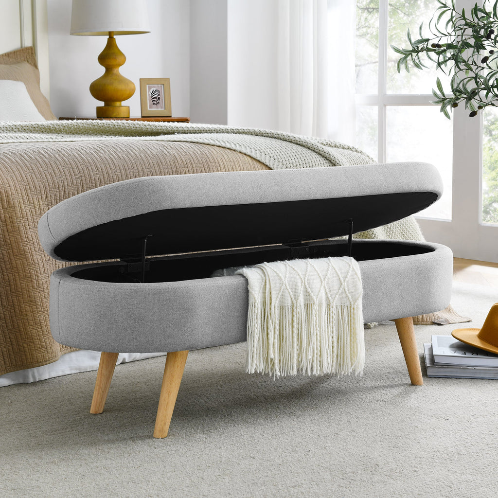 Ottoman Oval Storage Bench Rubber Wood Legs Grey
