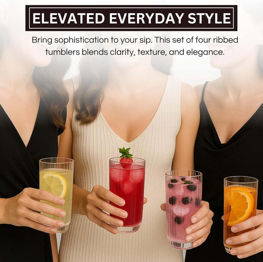 Shatterproof Ribbed Drinking Glasses – Set of 4 Clear 12oz