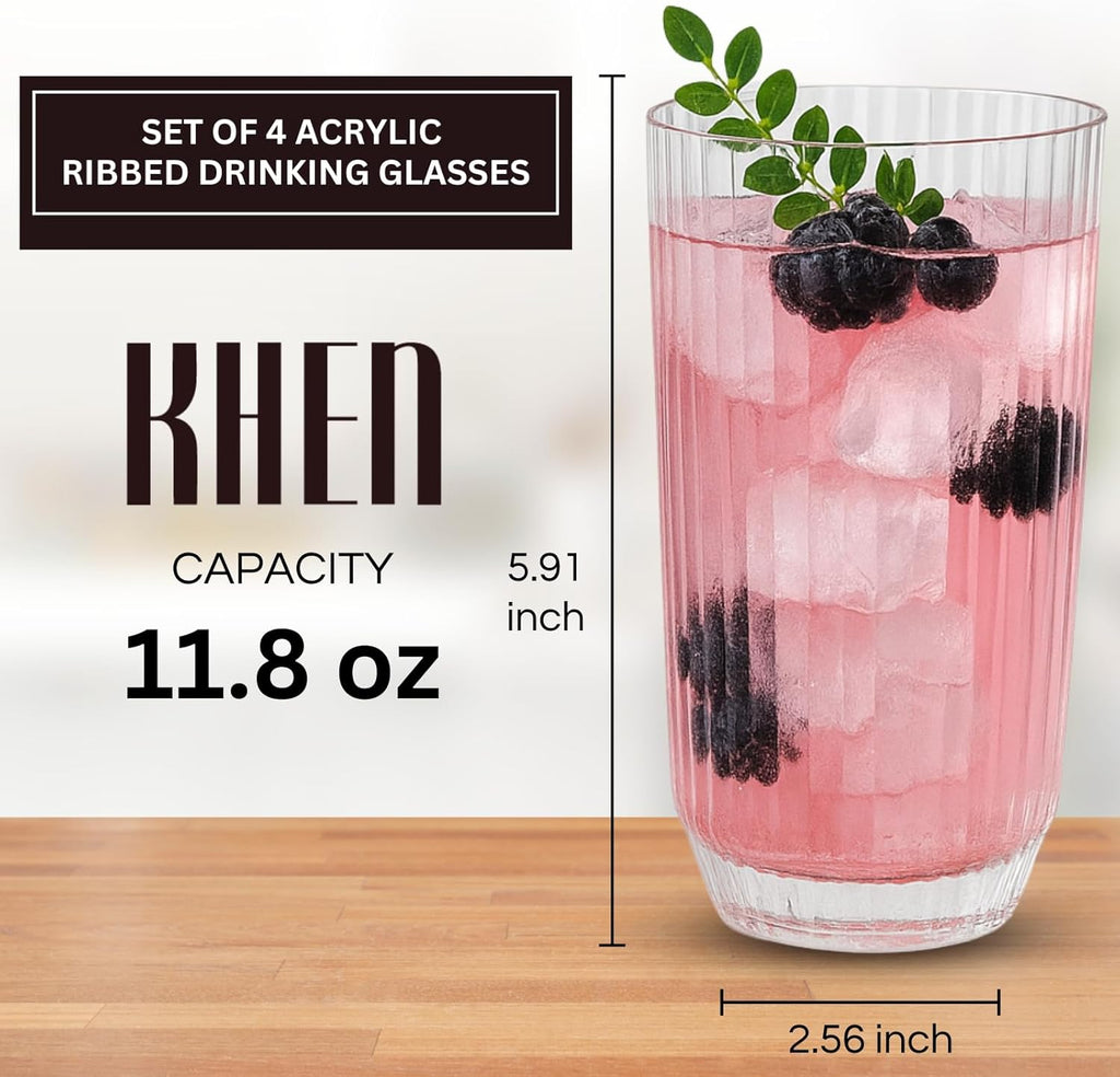 Shatterproof Ribbed Drinking Glasses – Set of 4 Clear 12oz