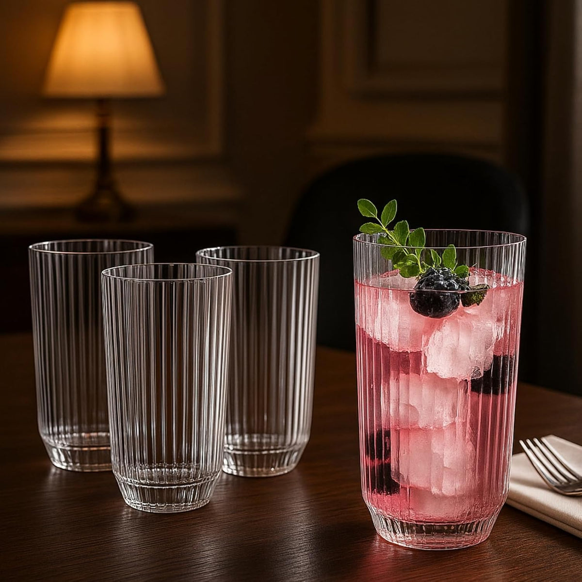 Shatterproof Ribbed Drinking Glasses – Set of 4 Clear 12oz