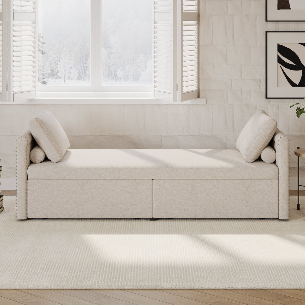 Modern cushioned lounge chair sofa bed with 2 drawers