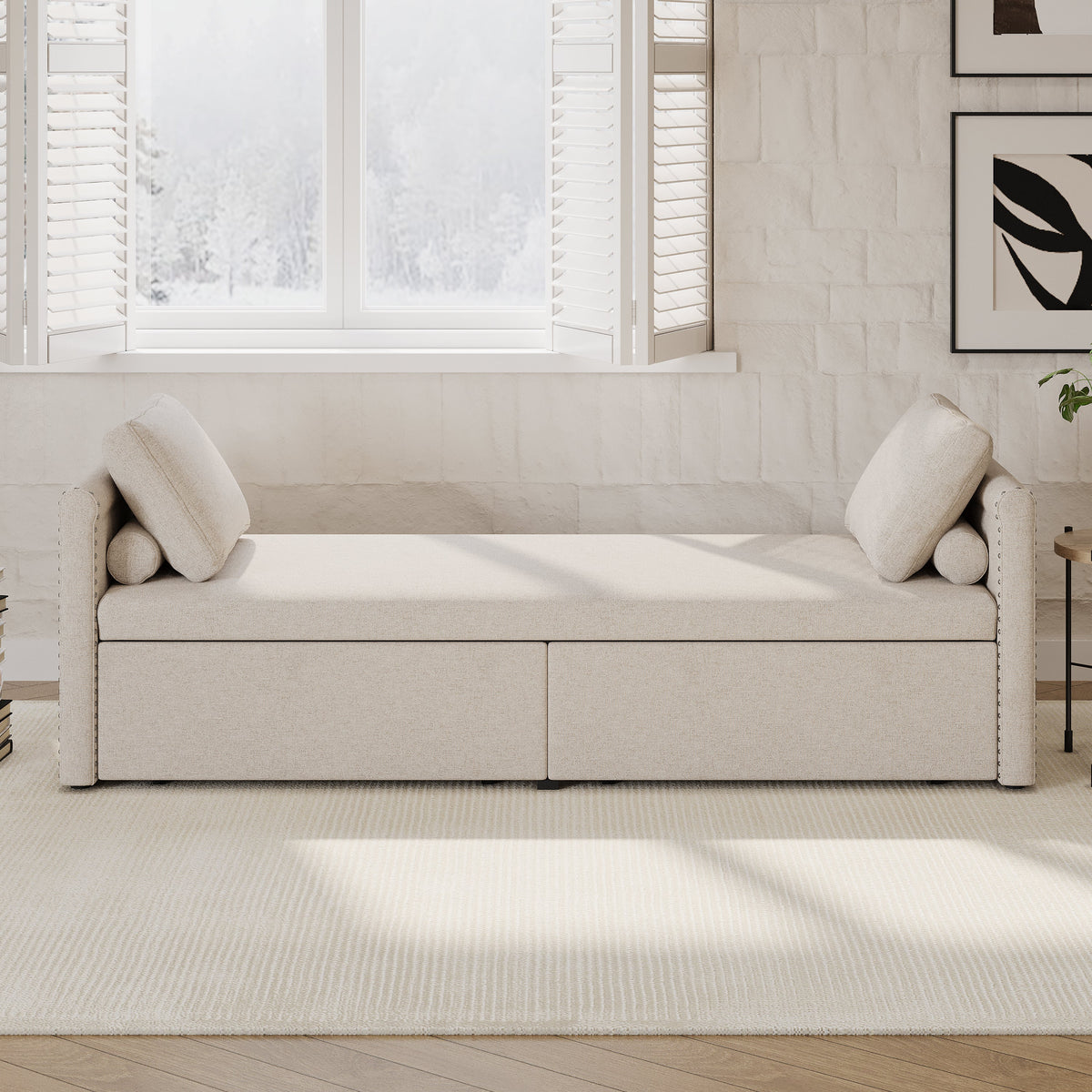 Modern cushioned lounge chair sofa bed with 2 drawers