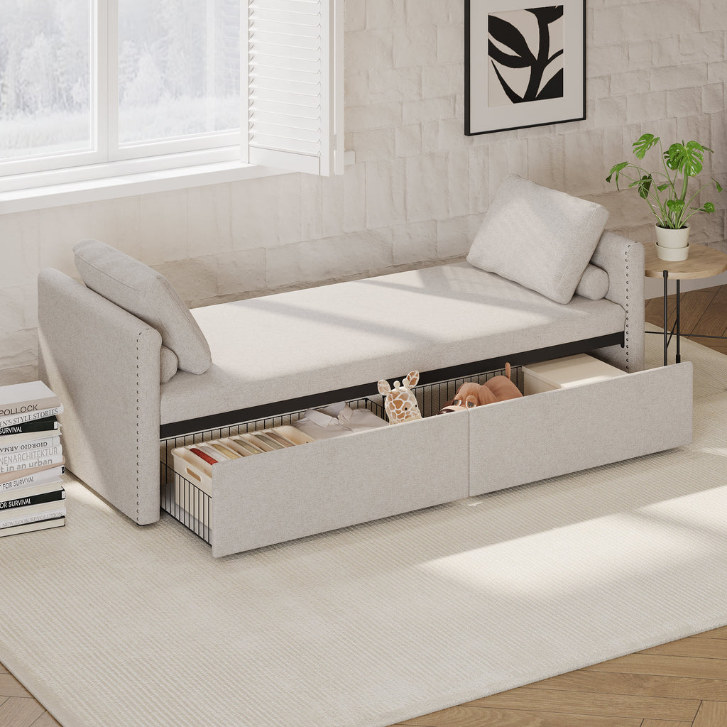Modern cushioned lounge chair sofa bed with 2 drawers