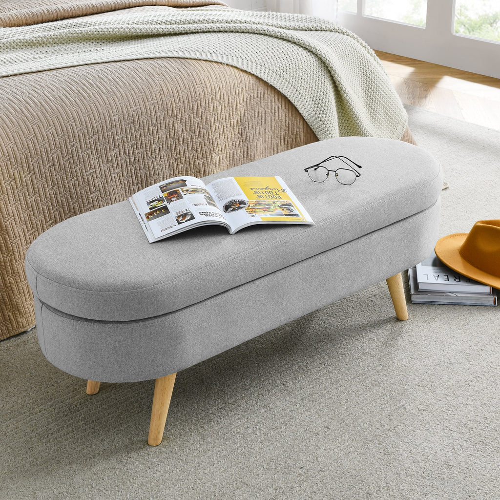 Ottoman Oval Storage Bench Rubber Wood Legs Grey