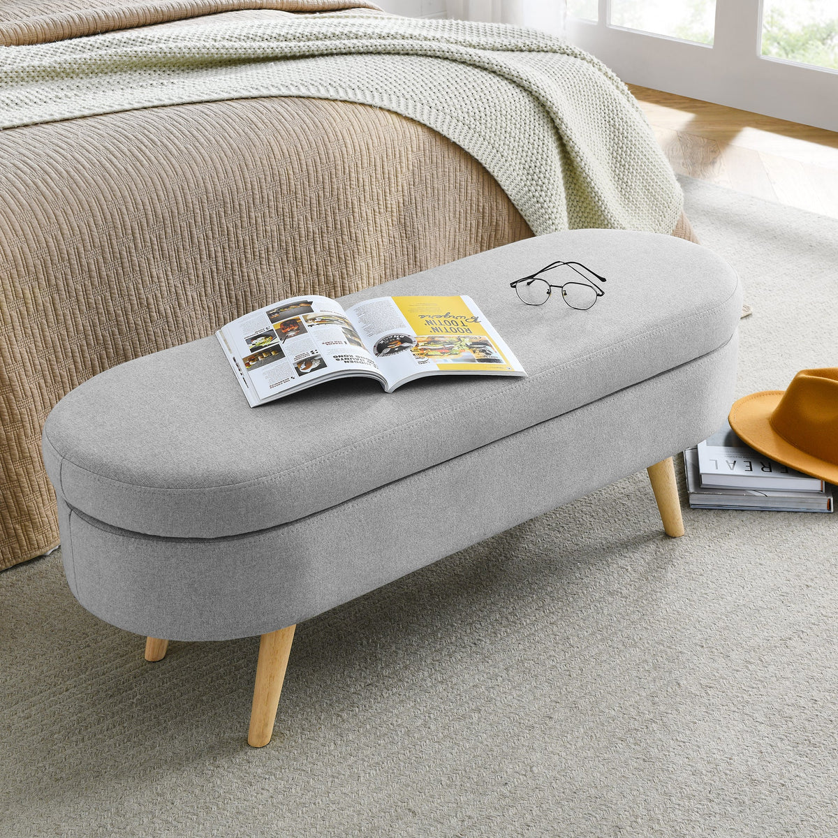 Ottoman Oval Storage Bench Rubber Wood Legs Grey