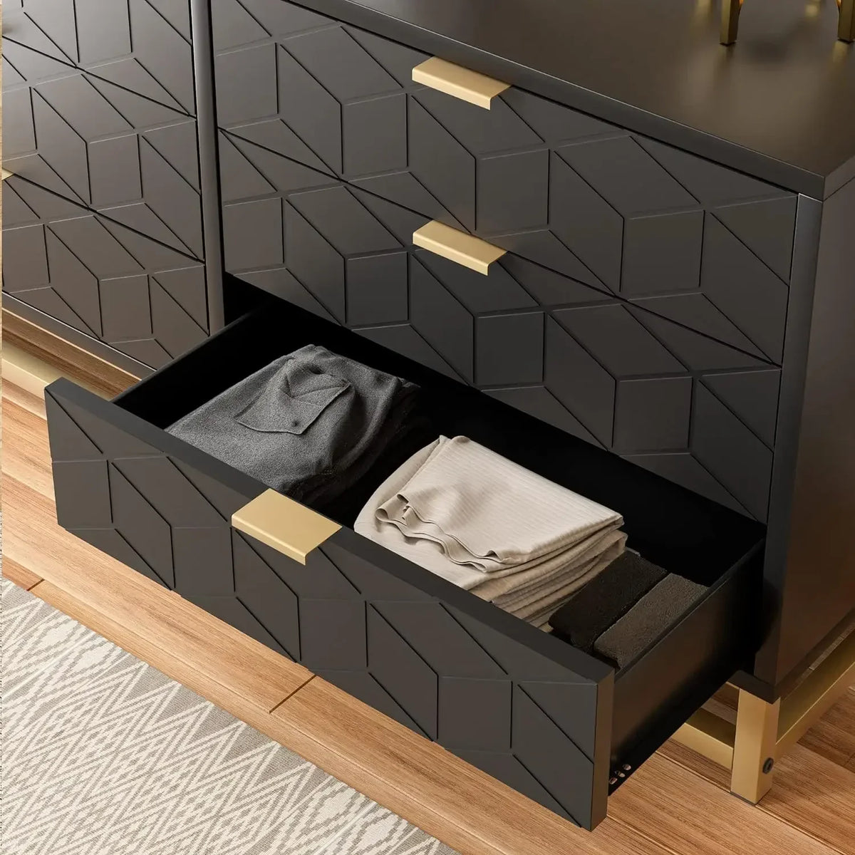 Black 6 Drawer Dresser for Bedroom, Wood Chest of Drawers with Metal Legs