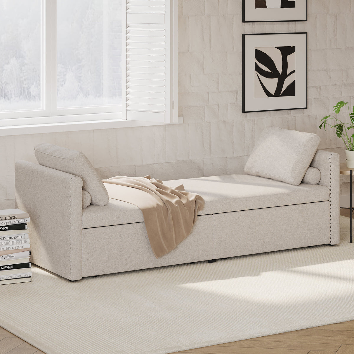 Modern cushioned lounge chair sofa bed with 2 drawers