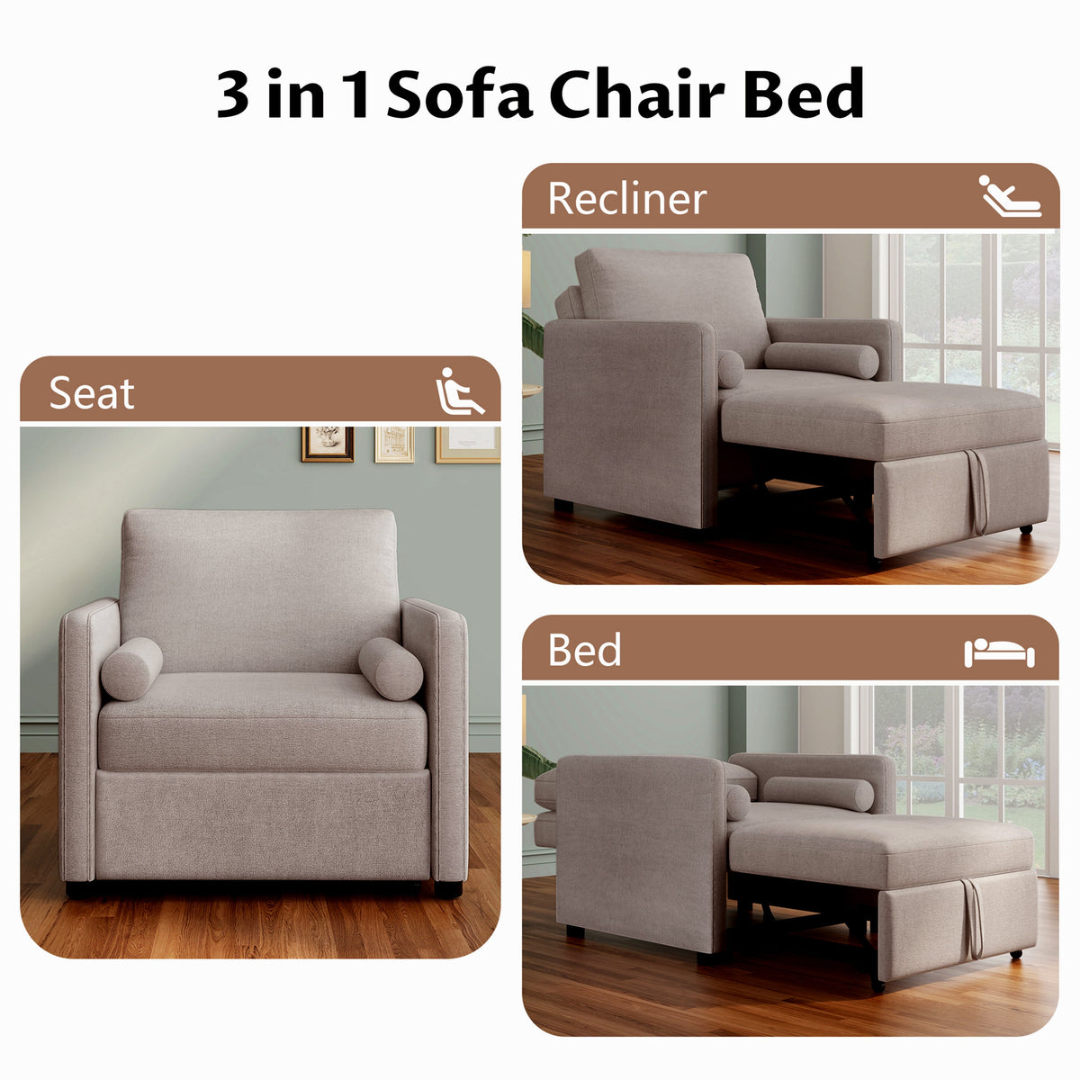 3 in 1 Convertible Sleeper Chair  Lounger Chair Turns Into Bed