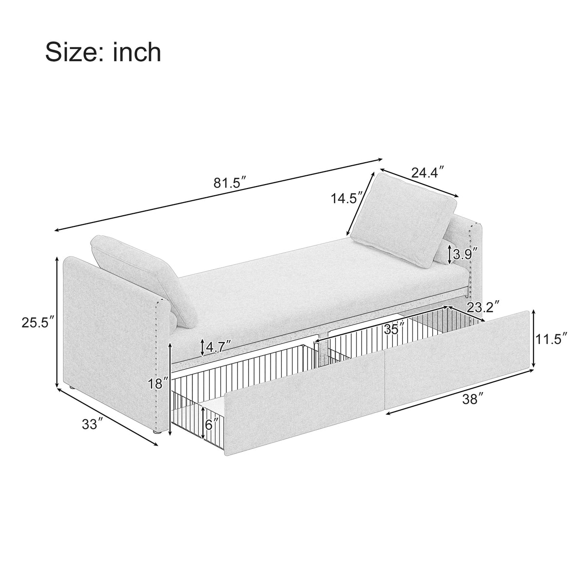 Modern cushioned lounge chair sofa bed with 2 drawers