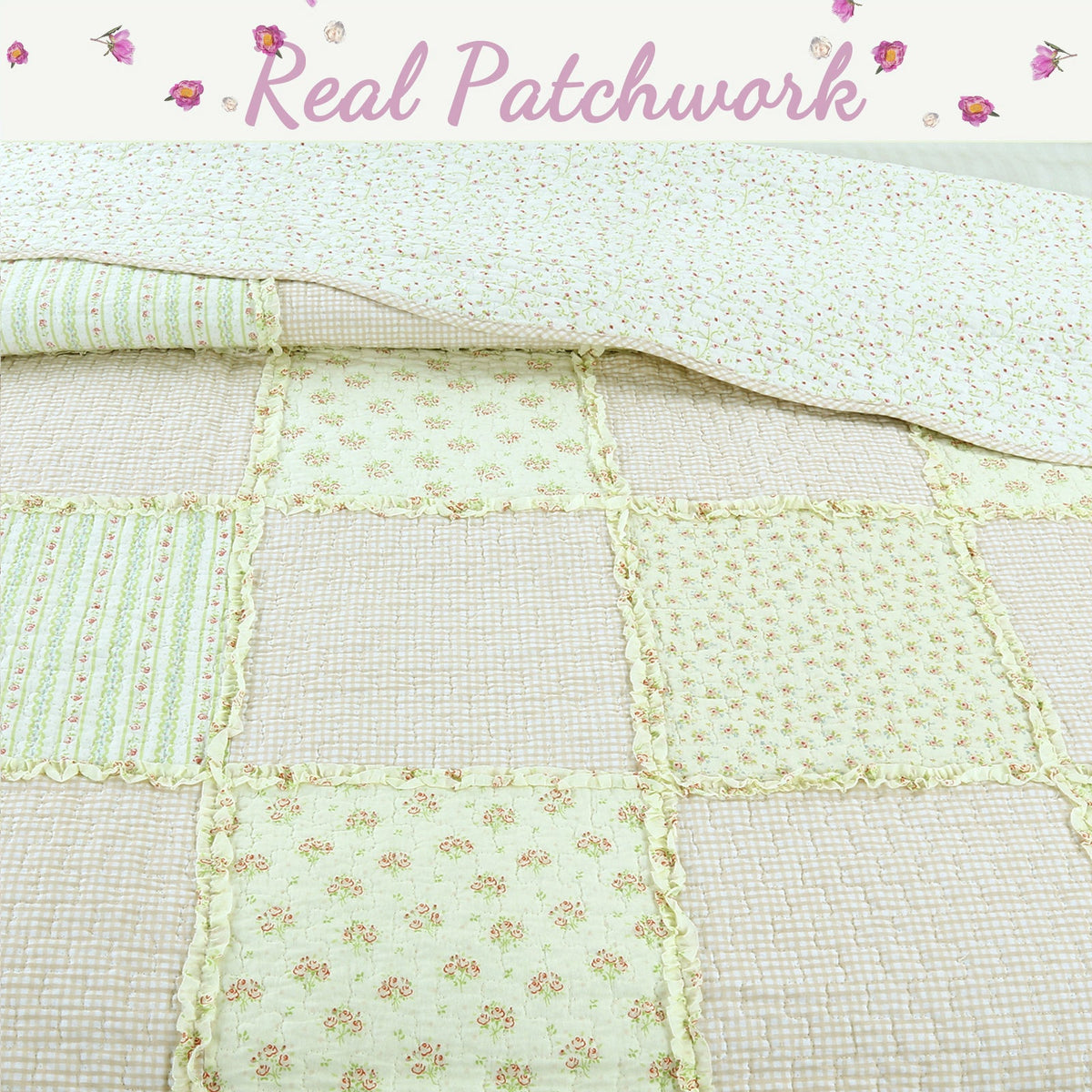 Sweet Peach Pink Floral Ruffle Scalloped Real Patchwork Cotton Reversible Quilt