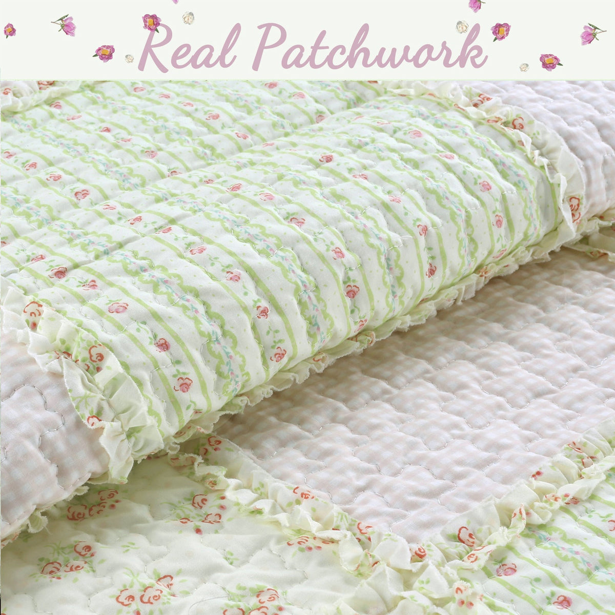 Sweet Peach Pink Floral Ruffle Scalloped Real Patchwork Cotton Reversible Quilt
