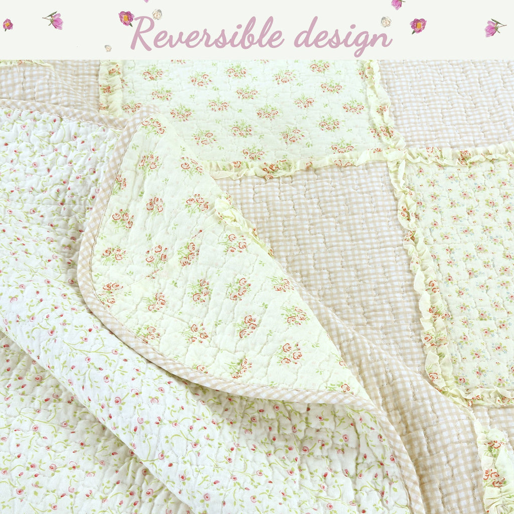 Sweet Peach Pink Floral Ruffle Scalloped Real Patchwork Cotton Reversible Quilt