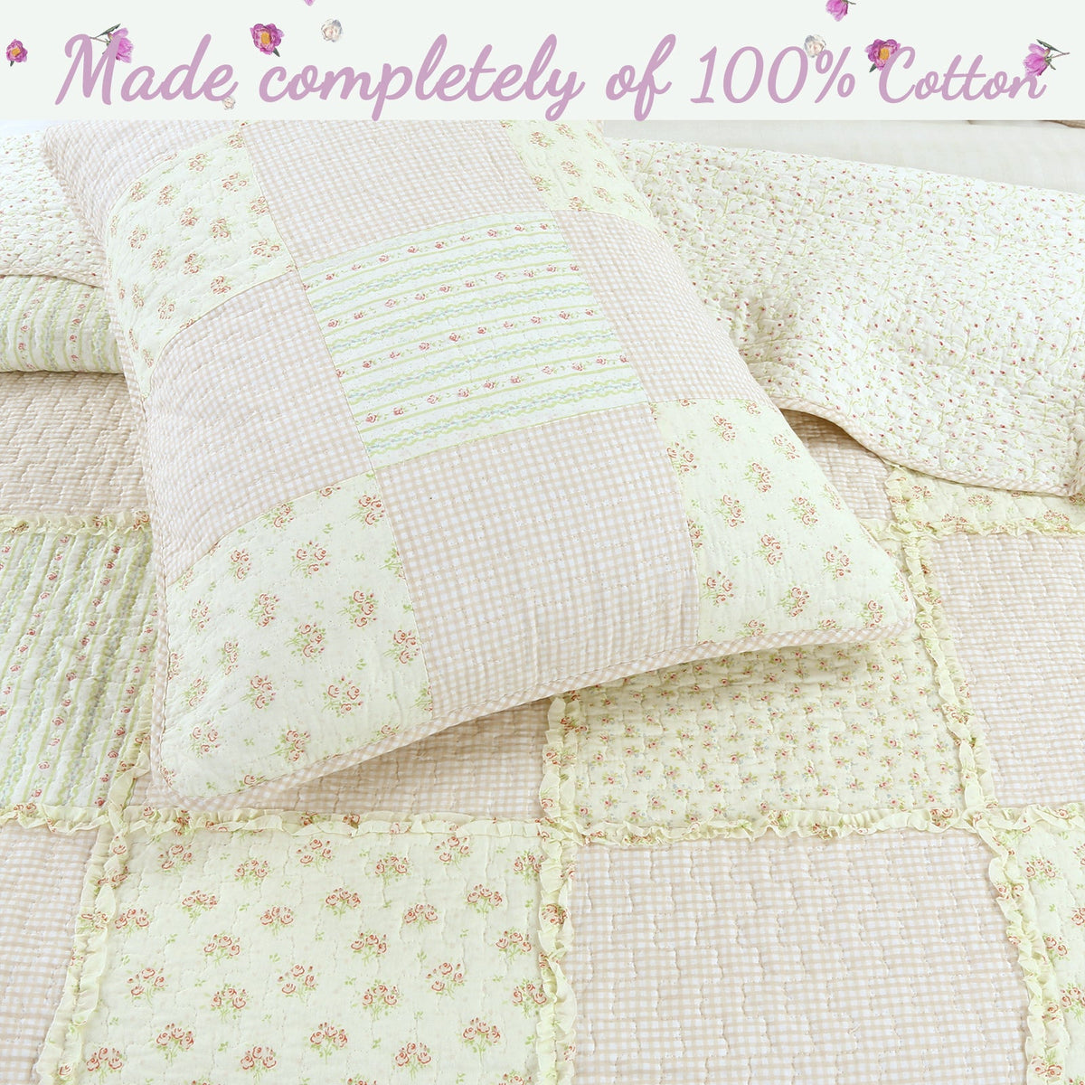 Sweet Peach Pink Floral Ruffle Scalloped Real Patchwork Cotton Reversible Quilt