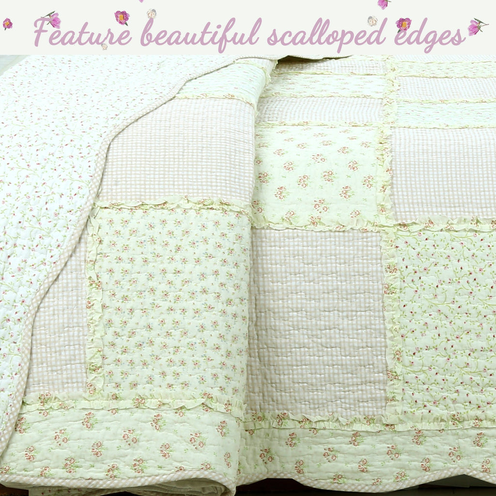 Sweet Peach Pink Floral Ruffle Scalloped Real Patchwork Cotton Reversible Quilt
