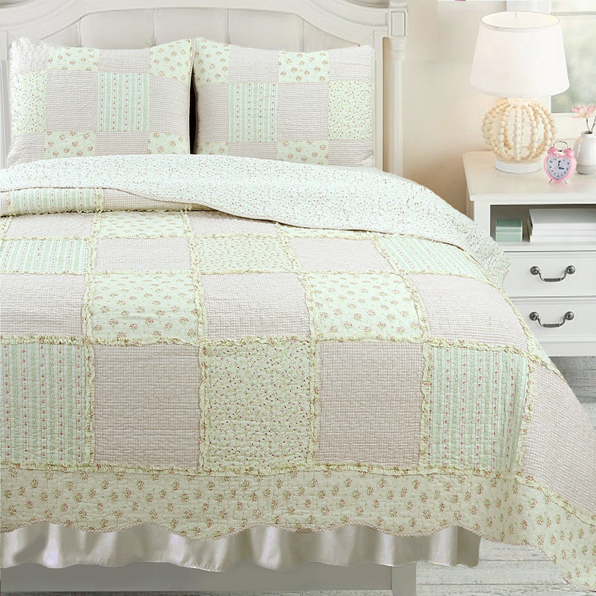 Sweet Peach Pink Floral Ruffle Scalloped Real Patchwork Cotton Reversible Quilt