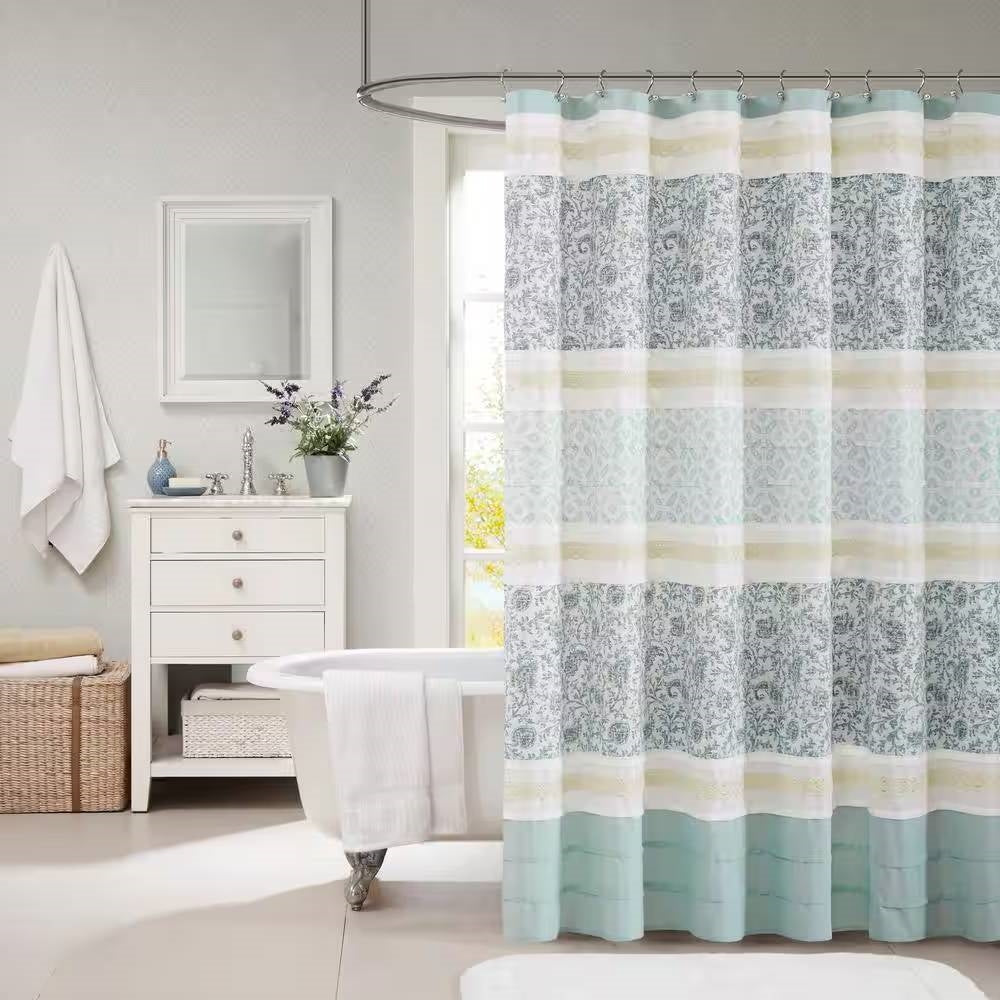 72 x 72-in Cotton Shower Curtain with Teal Blue Grey Cream White