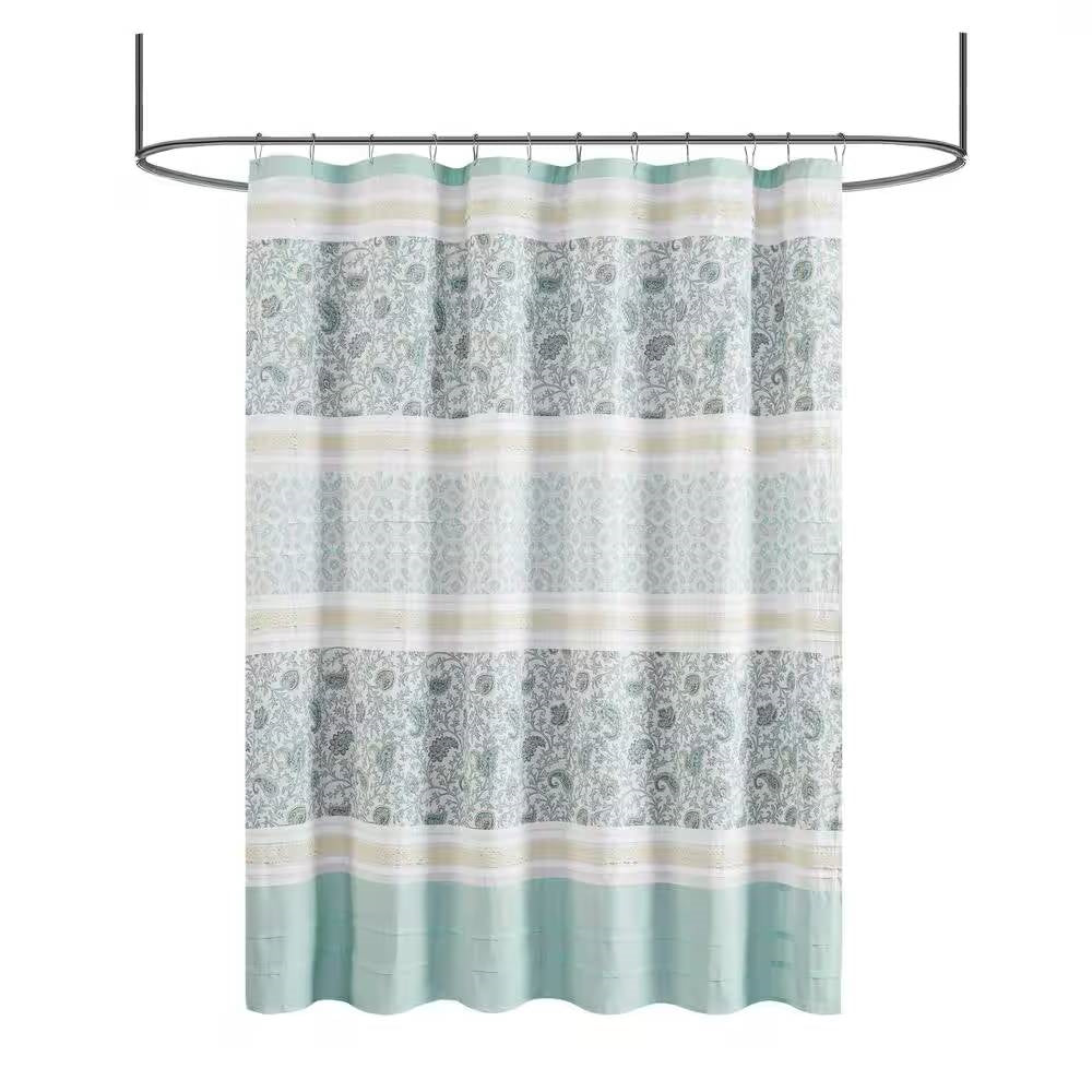 72 x 72-in Cotton Shower Curtain with Teal Blue Grey Cream White