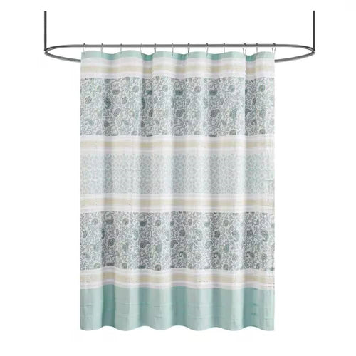 72 x 72-in Cotton Shower Curtain with Teal Blue Grey Cream White