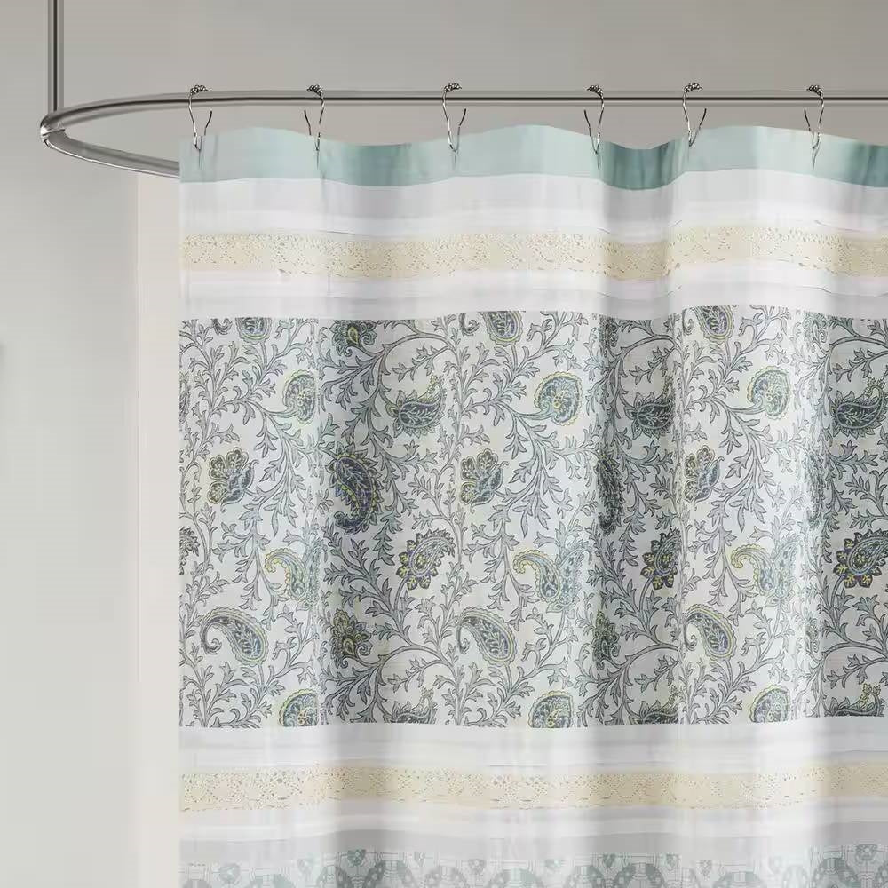 72 x 72-in Cotton Shower Curtain with Teal Blue Grey Cream White