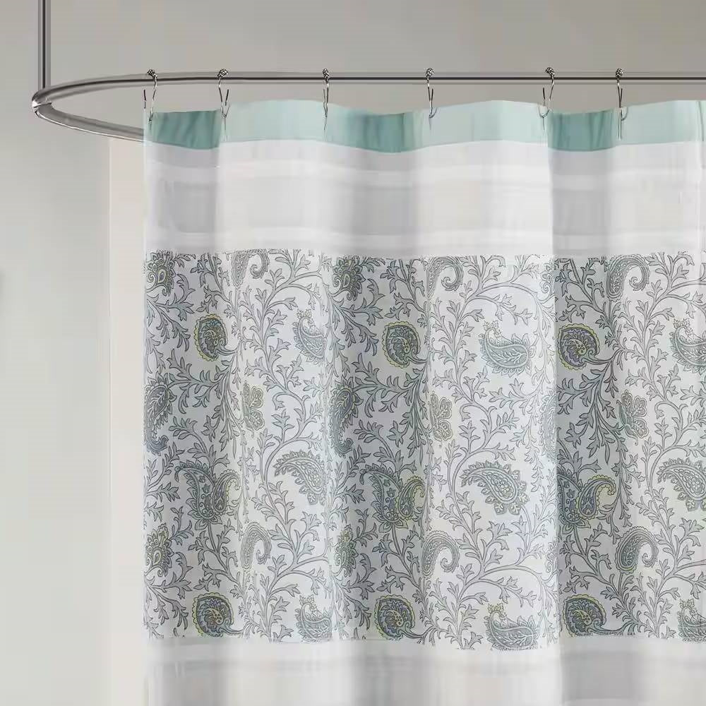 72 x 72-in Cotton Shower Curtain with Teal Blue Grey Cream White