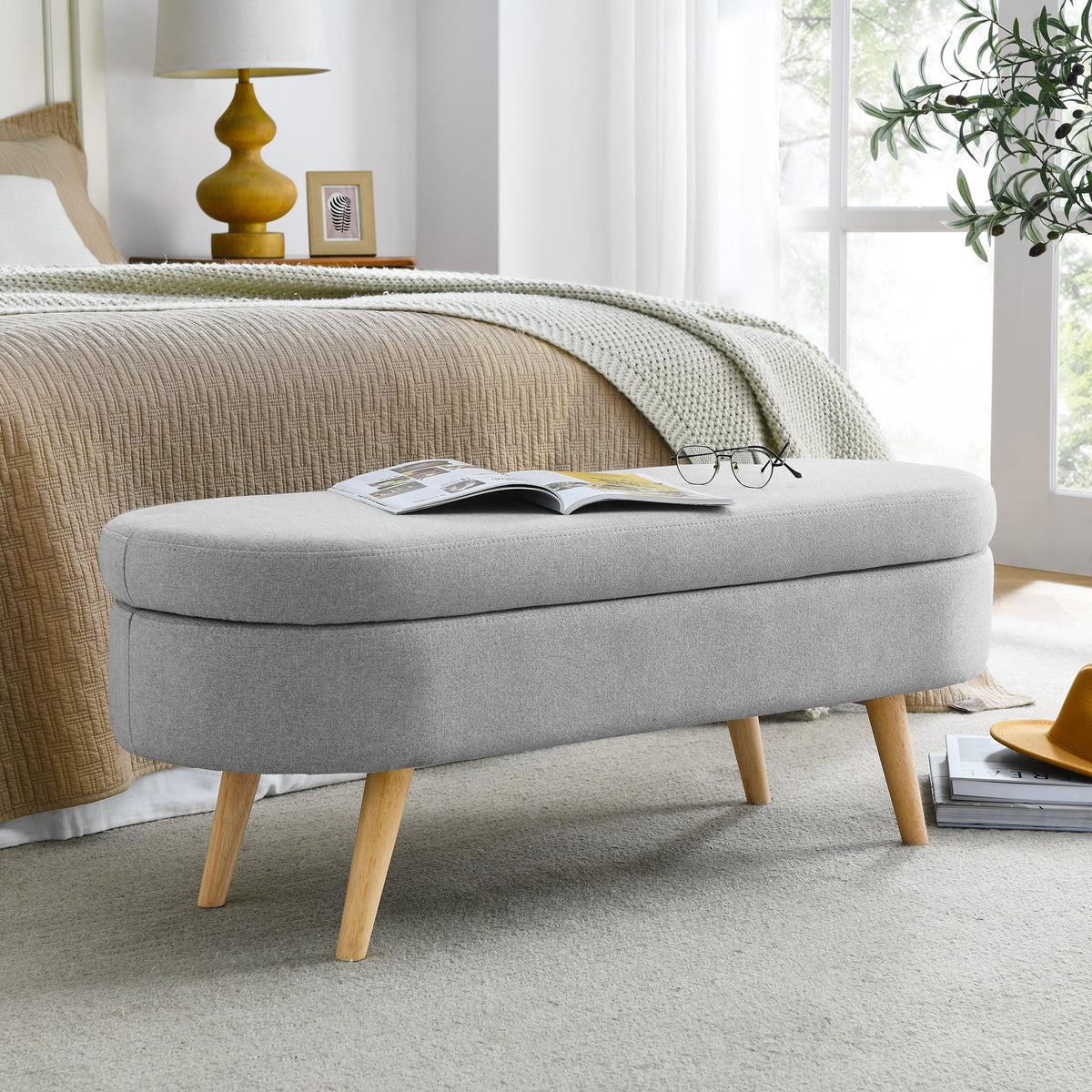 Ottoman Oval Storage Bench Rubber Wood Legs Grey