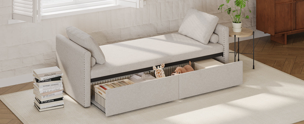 Modern cushioned lounge chair sofa bed with 2 drawers