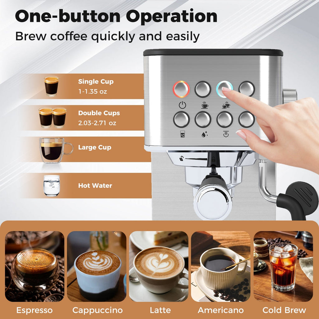 Espresso Machine Stainless Steel Coffee Maker with Milk Frother-Silver