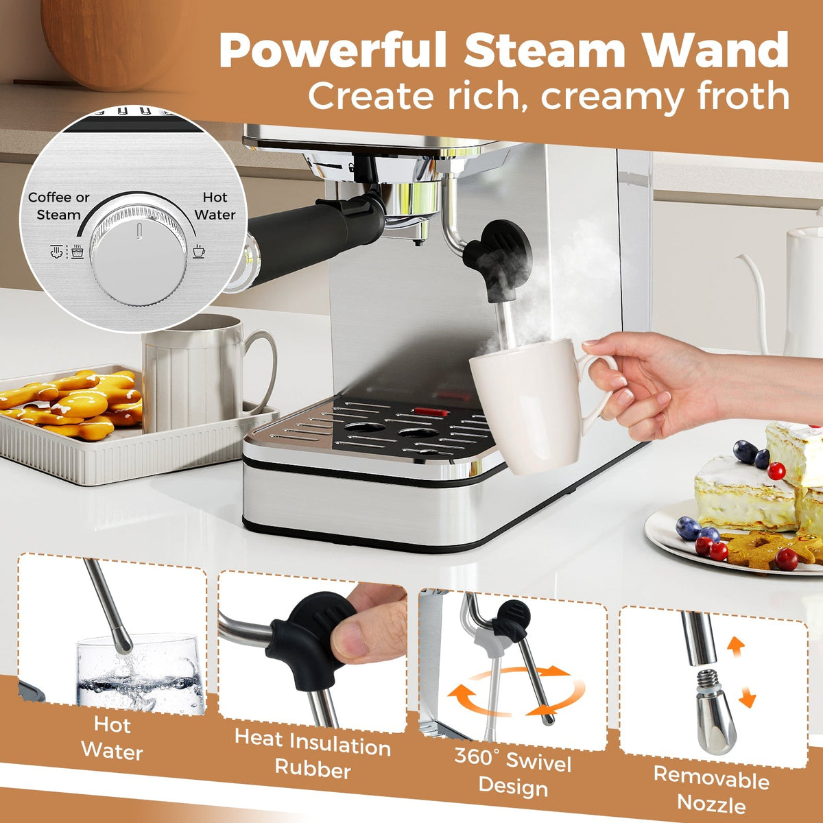 Espresso Machine Stainless Steel Coffee Maker with Milk Frother-Silver