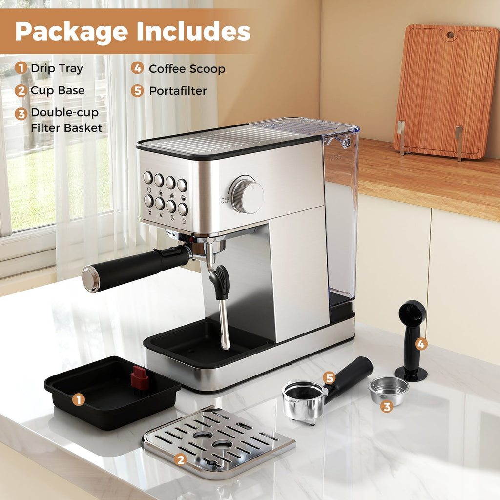 Espresso Machine Stainless Steel Coffee Maker with Milk Frother-Silver