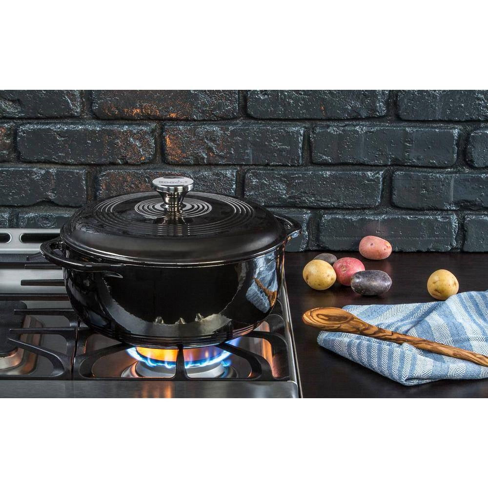Round 6-Quart Black Enamel Cast Iron Dutch Oven