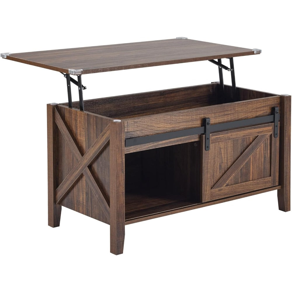 Lift Top Coffee Table 36" Farmhouse Rustic Wood Hidden Storage & Sliding Barn