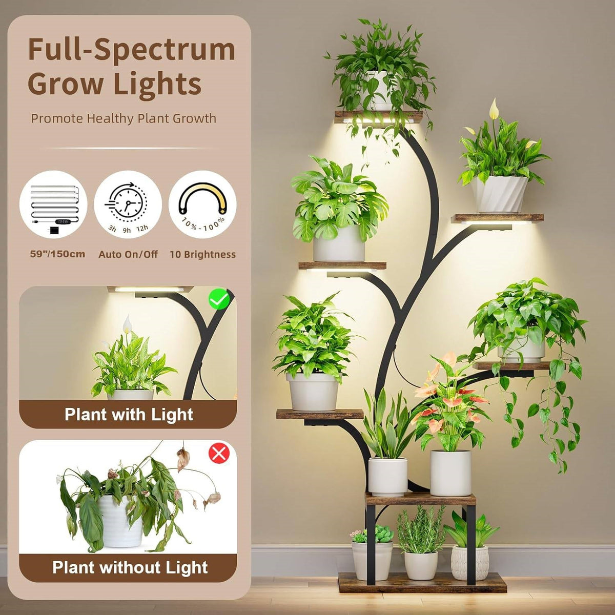 Modern 49-inch Tall Indoor Plant Stand Display Shelf with Grow Lights