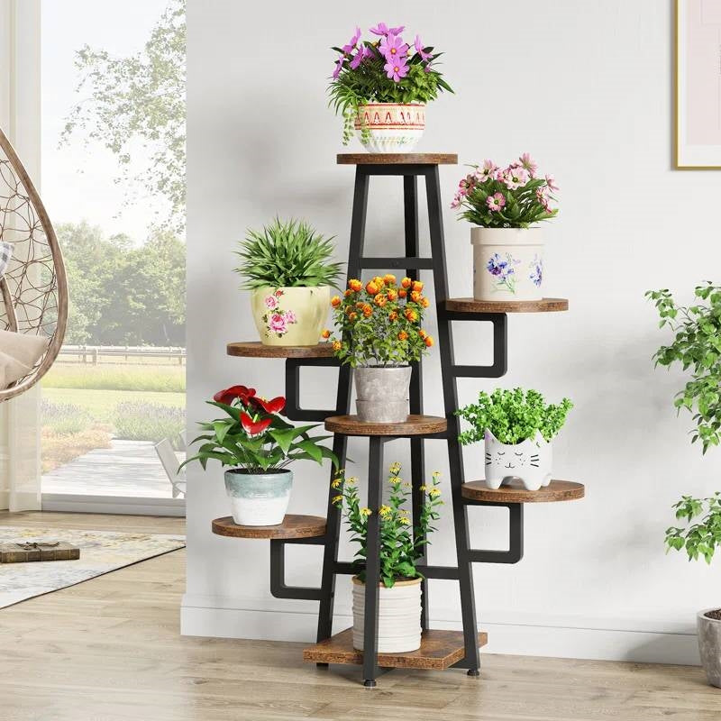 Modern Indoor Multi-Tier Plant Stand with Black Metal Frame