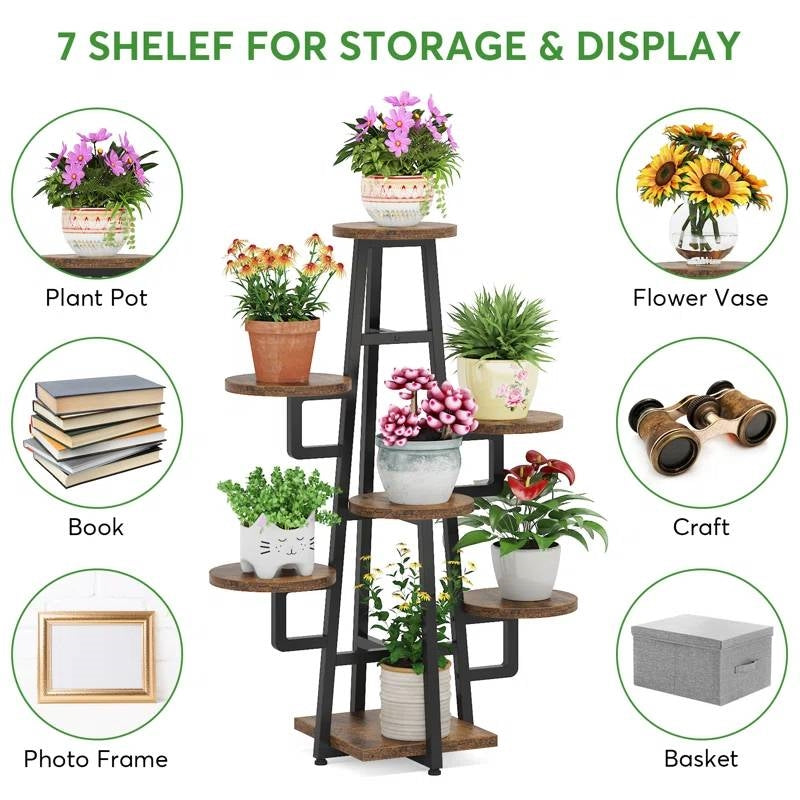 Modern Indoor Multi-Tier Plant Stand with Black Metal Frame