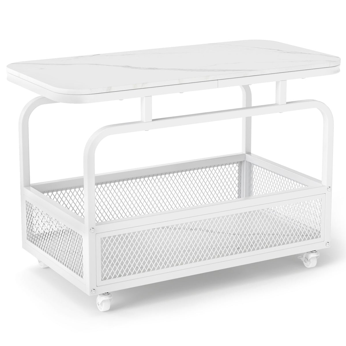 Rolling Side Table with Faux Marble Top and Storage Basket