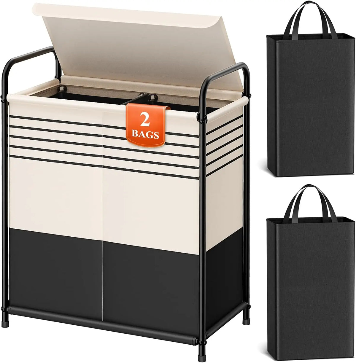 Double-Section Laundry Basket with Lid & Removable Bags