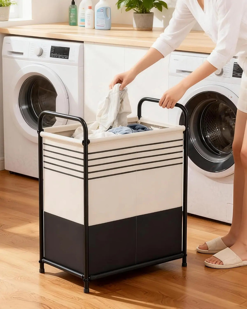 Double-Section Laundry Basket with Lid & Removable Bags