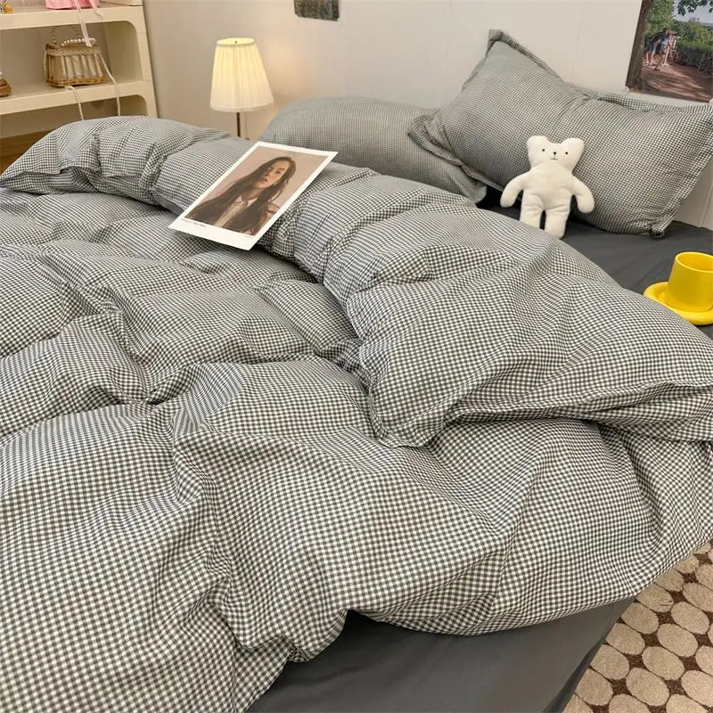 Simple Bedding Set Plaid Sold Color Single Queen Size Duvet Cover