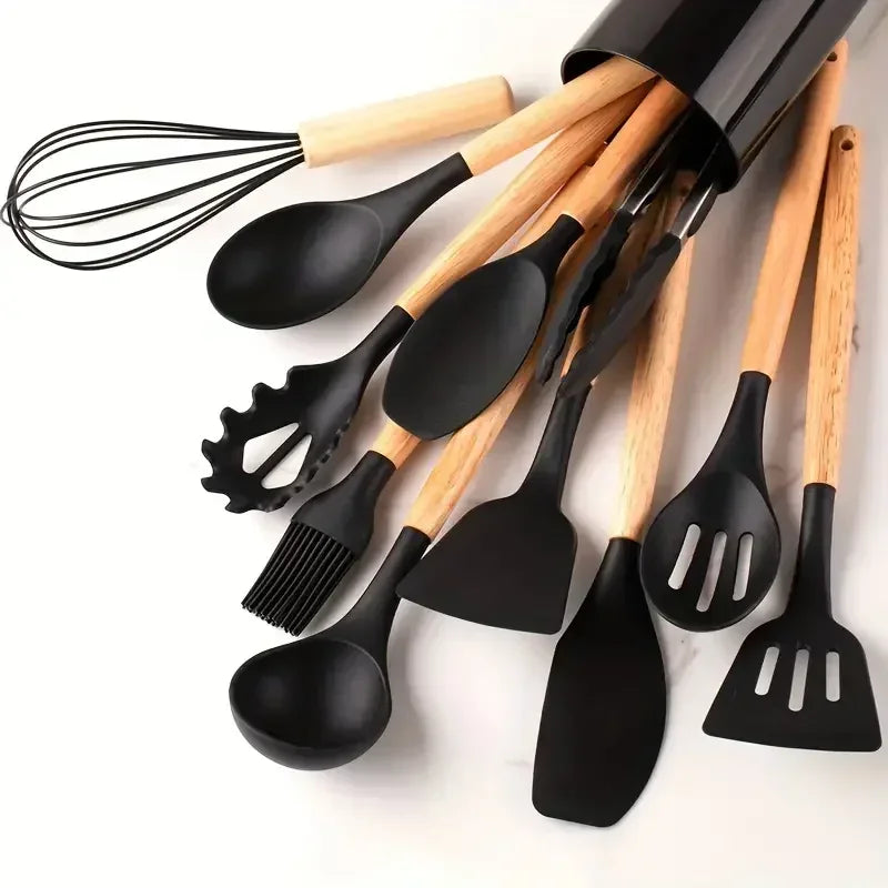 12pcs Set of Multi-color Silicone Wooden Handle Kitchenware Set
