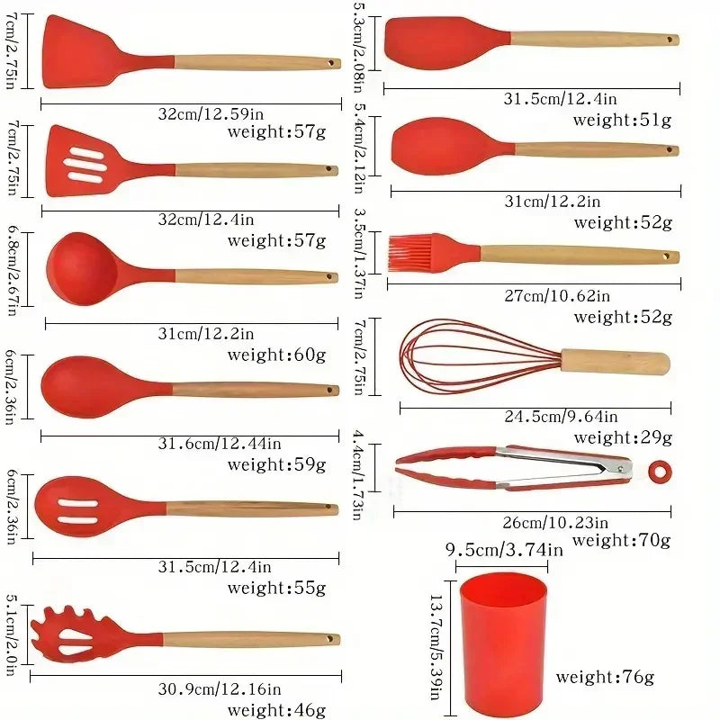 12pcs Set of Multi-color Silicone Wooden Handle Kitchenware Set