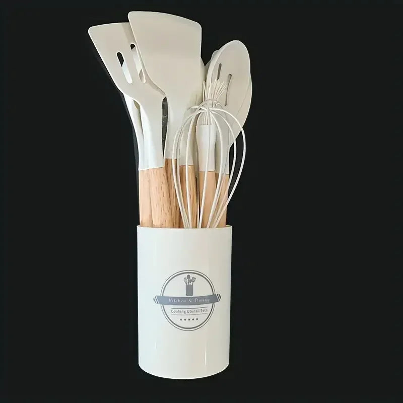 12pcs Set of Multi-color Silicone Wooden Handle Kitchenware Set